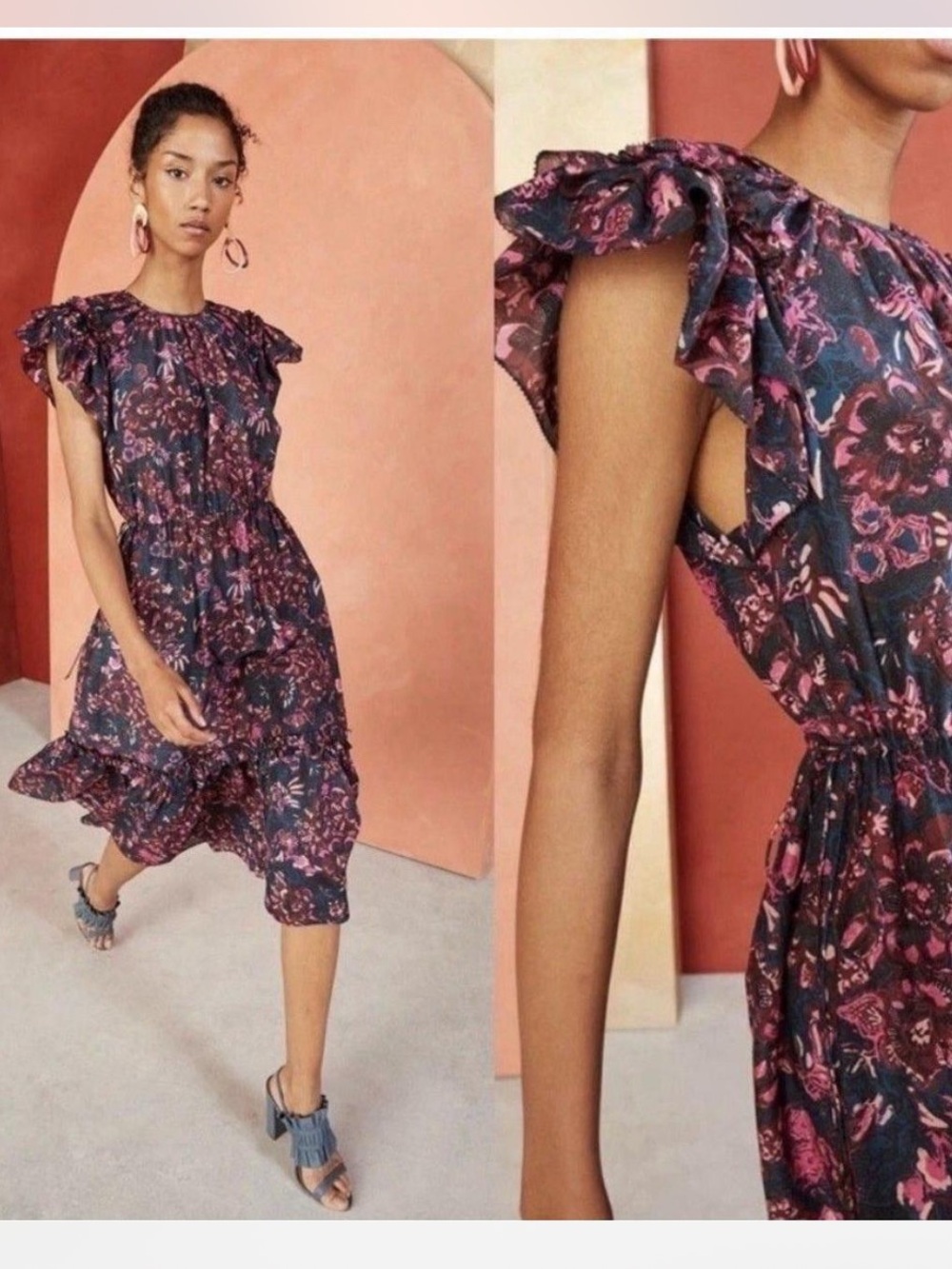 Ulla Johnson Dress Arlene Ruffle Midi in Midnight Plum Floral